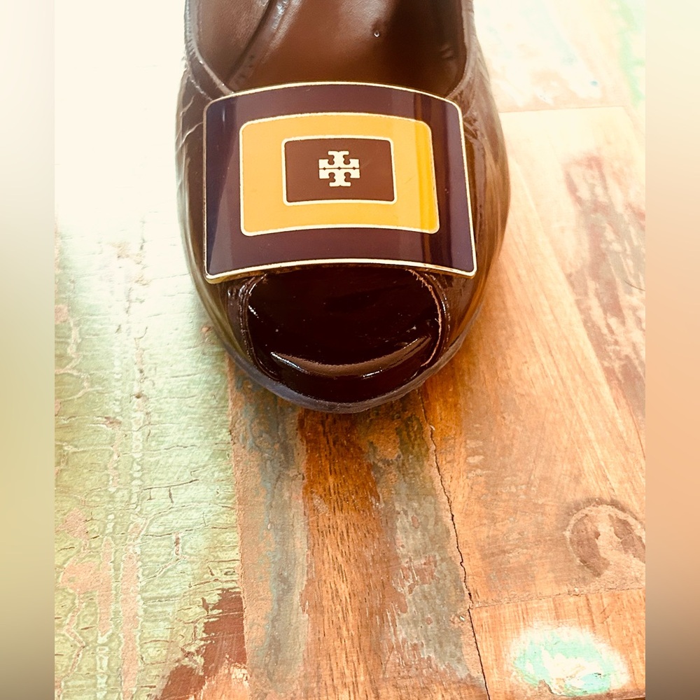 Tory Burch Brown Patent leather Peep-toe wedges. - Picture 7 of 16